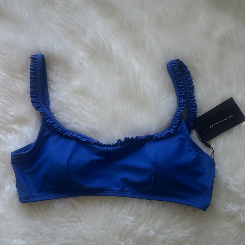 Tommy Hilfiger Ruffle Bikini Top Color Blue Size L NWT